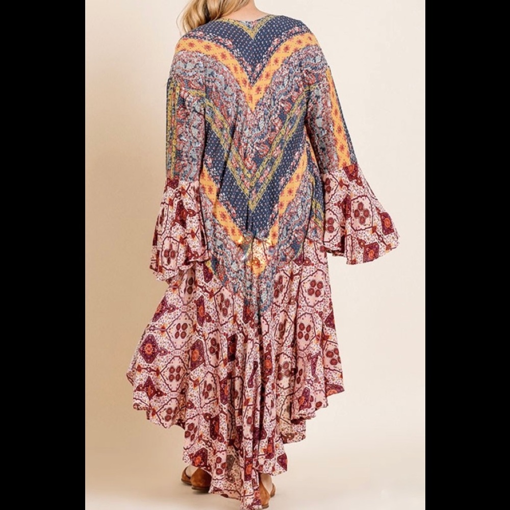 Last One! Bohemian Kimono Patchwork Size XL Bell Trumpet Sleeves Extra Large - Picture 2 of 4